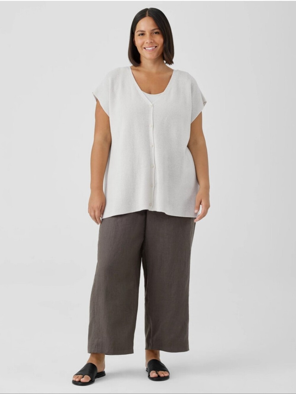 Eileen Fisher Peruvian Organic Cotton Crepe V-Neck Lightweight Vest Bone NWT 2X